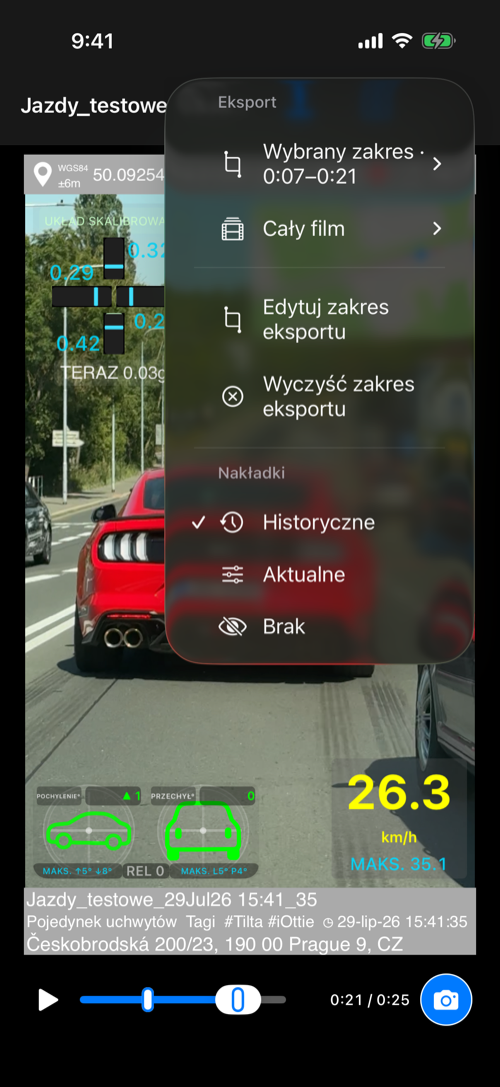 Menu eksportu z wybranym zakresem, całym wideo i znacznikami A–B
