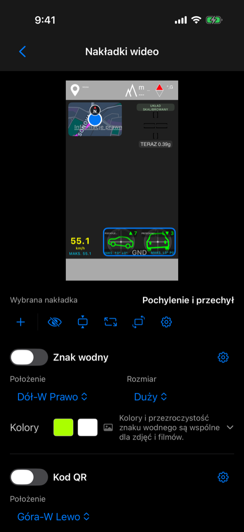 Edytor z Mapą u góry po lewej, Krzyżem G u góry po prawej, Prędkością na dole po lewej i Pochyleniem i przechyłem na dole po prawej