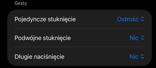Ustawienia sterowania wizjerem: sekcja „Gesty” z pozycjami „Pojedyncze stuknięcie”, „Podwójne stuknięcie” i „Długie naciśnięcie”