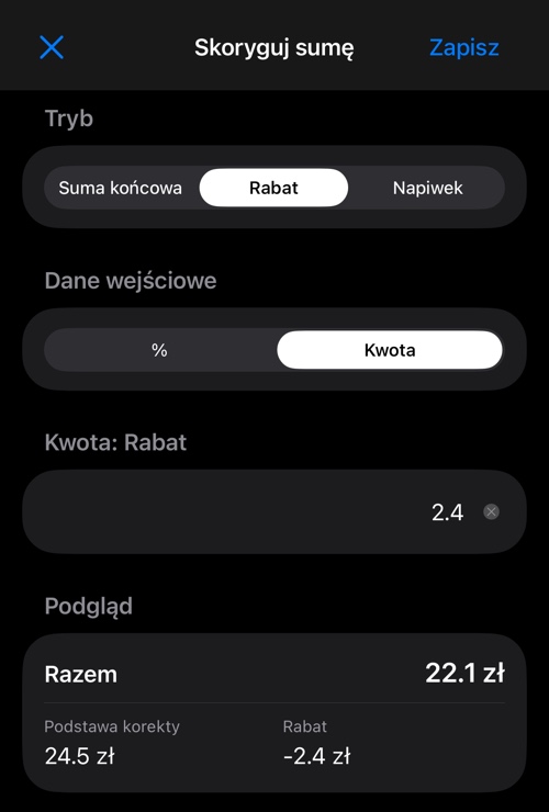 Rabat wpisany kwotowo, z przeliczoną wartością