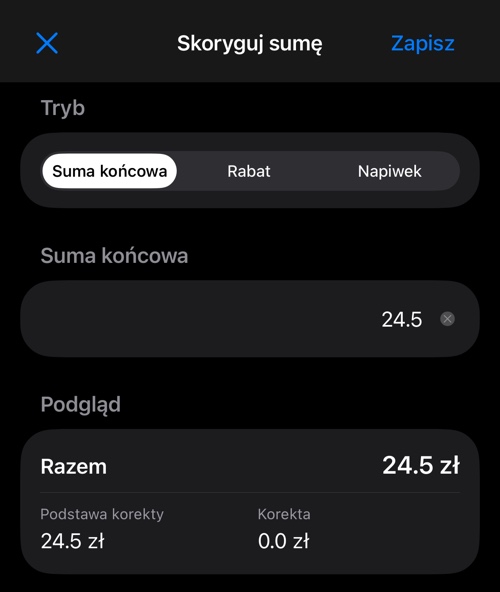 Korekta kwoty w trybie Suma końcowa, z przełącznikiem trybu, polem kwoty i podglądem