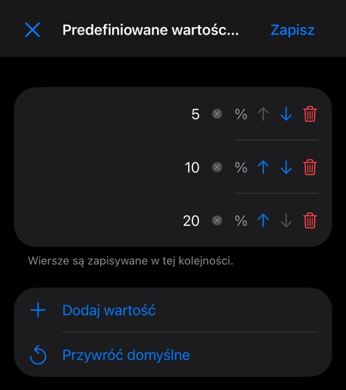 Edytor predefiniowanych procentów z trzema wierszami, Dodaj wartość i Przywróć domyślne