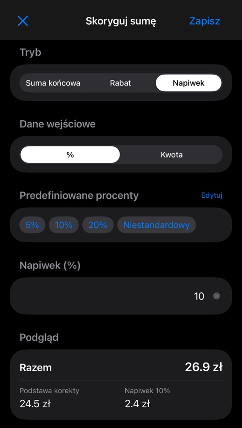 Tryb napiwku z gotowymi procentami, polem wartości i podglądem