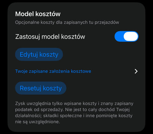 Karta Model kosztów z zapisanymi kosztami: włączone Zastosuj model kosztów, Edytuj koszty, Twoje zapisane założenia kosztowe i Resetuj koszty
