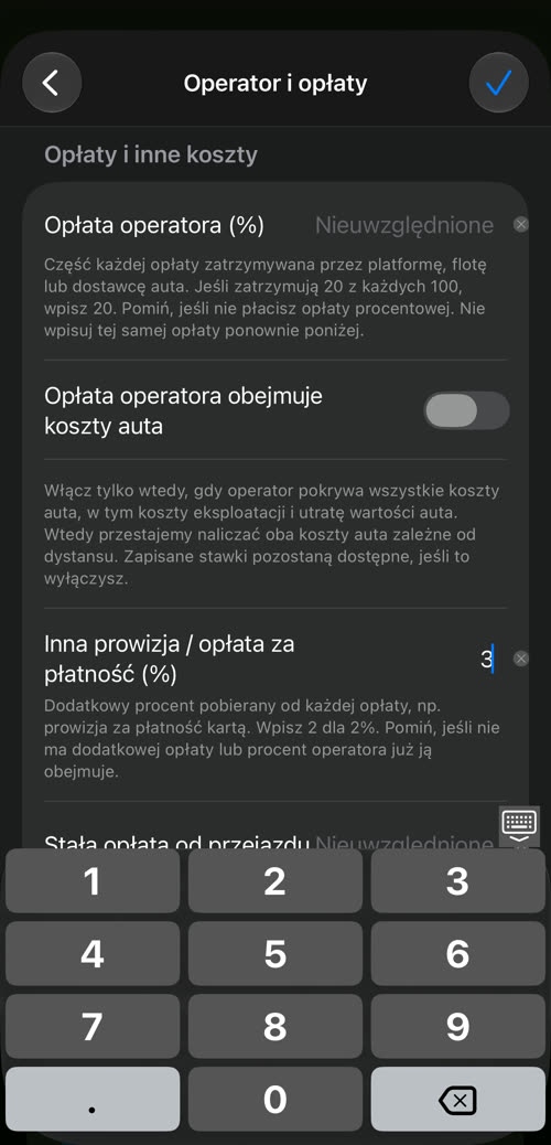 Operator i opłaty: opłata operatora, Opłata operatora obejmuje koszty auta, inna prowizja / opłata za płatność 3%, stała opłata od przejazdu