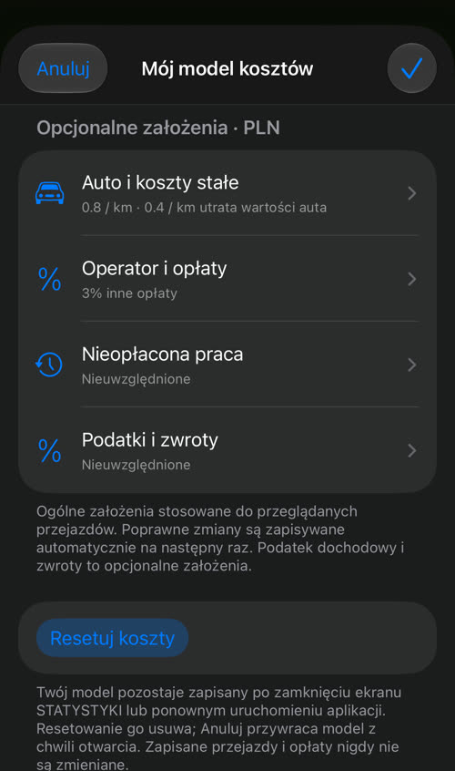 Mój model kosztów po zapisaniu: 0.8 / km kosztów eksploatacji i 0.4 / km utraty wartości auta, 3% inne opłaty
