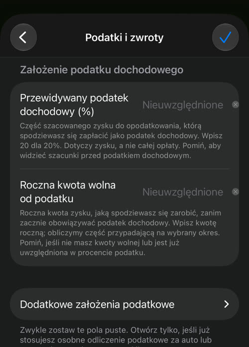 Podatki i zwroty: przewidywany podatek dochodowy, roczna kwota wolna od podatku i przycisk Dodatkowe założenia podatkowe