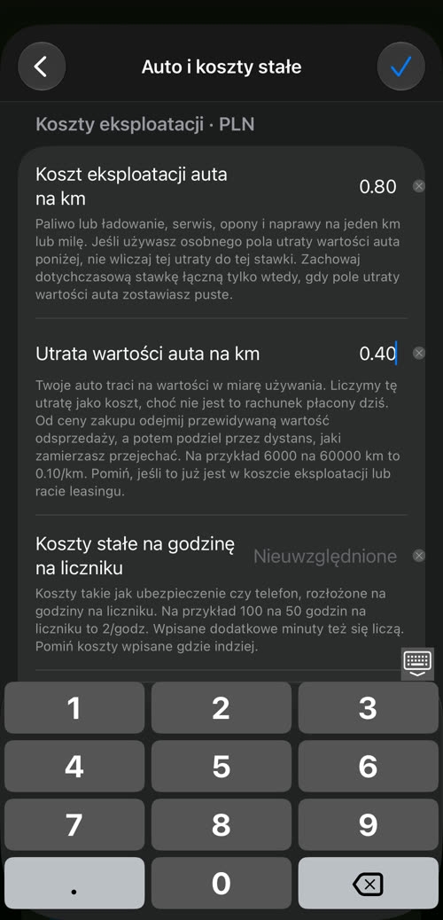 Wpisywanie 0.80 w koszt eksploatacji auta i 0.40 w utratę wartości auta na klawiaturze aplikacji