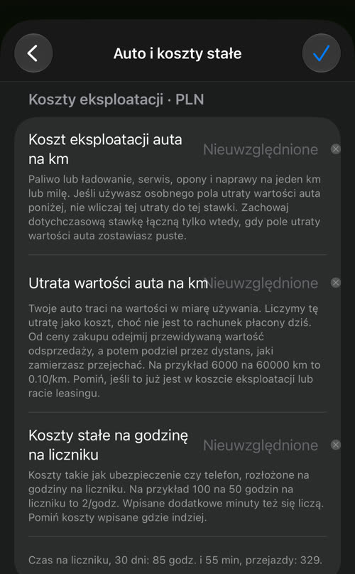 Auto i koszty stałe: koszt eksploatacji auta na km, utrata wartości auta na km i koszty stałe na godzinę na liczniku, z czasem na liczniku za 30 dni: 85 godz. i 55 min