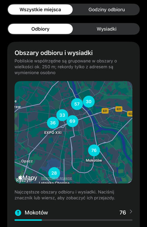 Obszary odbioru i wysiadki: ponumerowane znaczniki na mapie Warszawy, na czele Mokotów z 76 odbiorami