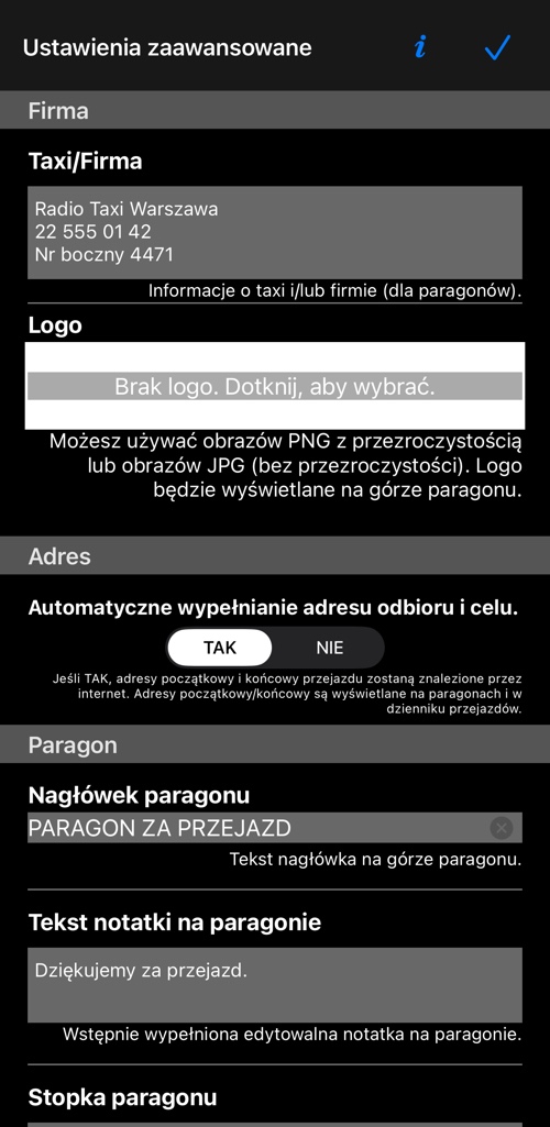 Góra ustawień zaawansowanych: pole Firma, logo i przełącznik adresów
