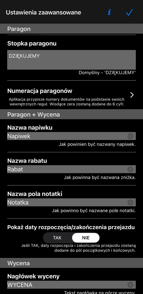Sekcja paragonu: nagłówek, notatka początkowa, stała stopka i numeracja