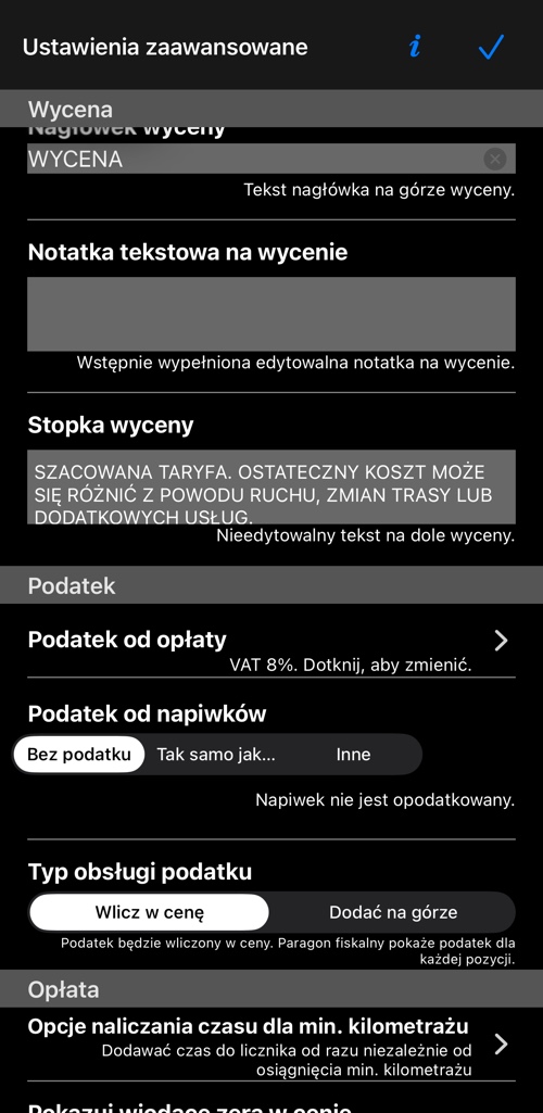 Sekcja kosztorysu i sekcja podatku: podatek od taryfy, podatek od napiwków, obsługa podatku