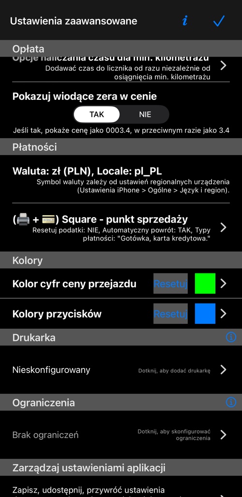 Koniec ekranu: taryfa, płatności, kolory, drukarka, ograniczenia i kopia ustawień