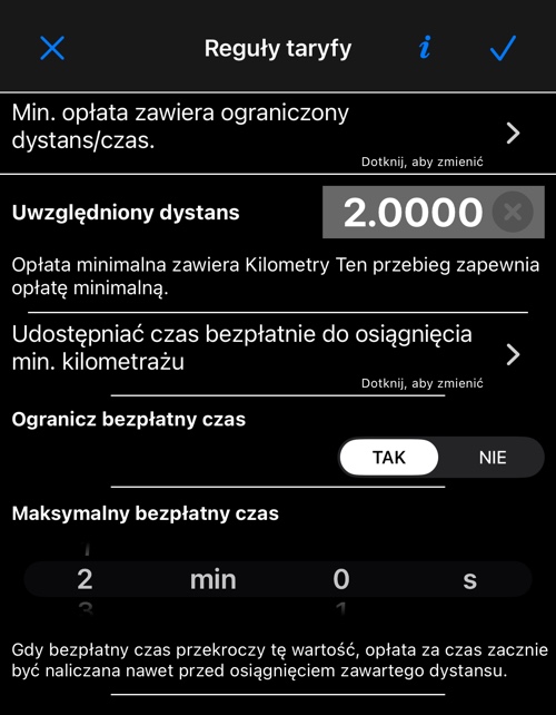 Min. opłata zawiera ograniczony dystans — Reguły taryfy