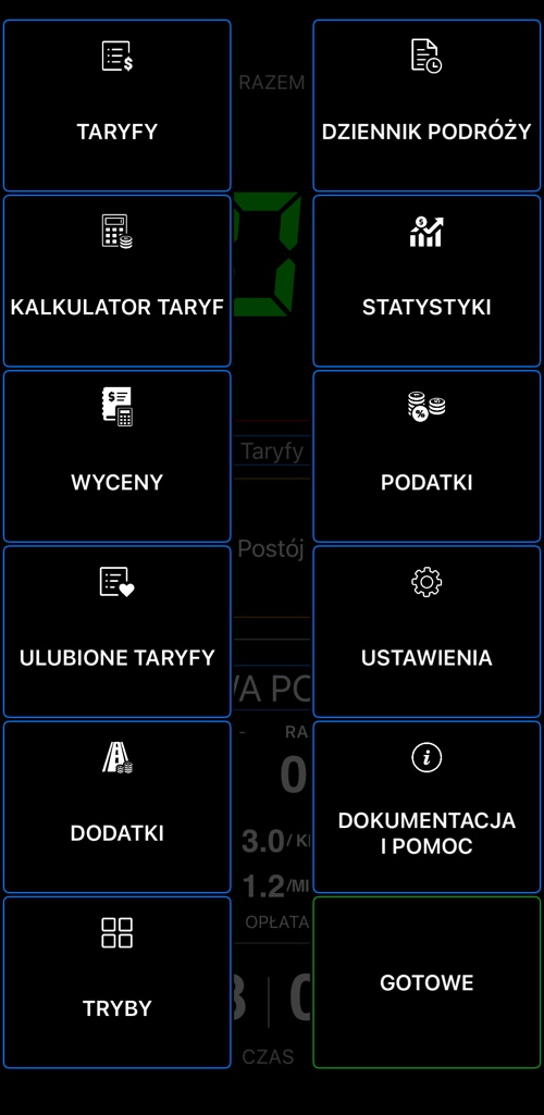 Menu Taksometr 55 z pozycjami: taryfy, kalkulator taryf, wyceny, ulubione taryfy, dodatki, tryby, dziennik podróży, statystyki, podatki, ustawienia i pomoc
