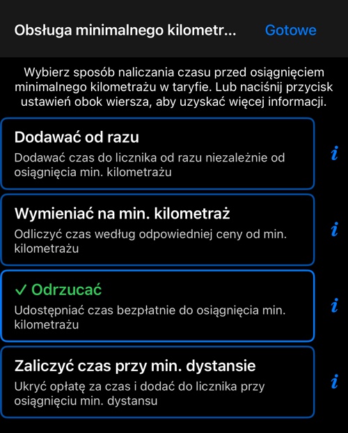 Cztery opcje naliczania czasu przed osiągnięciem uwzględnionego dystansu