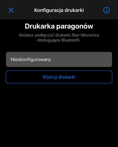 Ekran konfiguracji drukarki w iOS: stan drukarki, obsługiwane modele i przycisk wyszukiwania