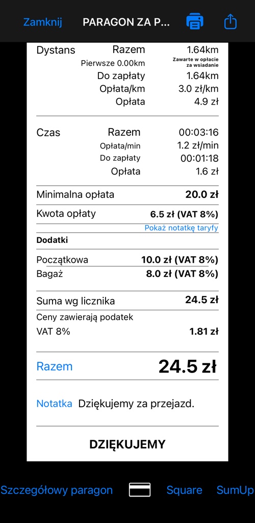 Koniec szczegółowego paragonu: napiwek lub rabat, rozbicie podatku, suma i notatka
