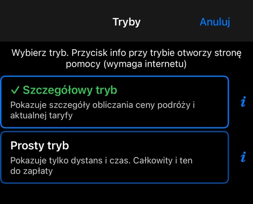 Wybór trybu, ten jest zaznaczony