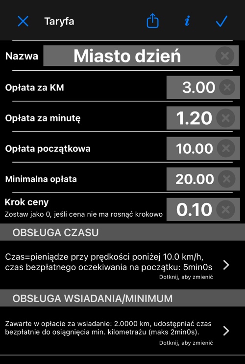 Edytor taryf z nazwą, cenami, opłatą początkową, minimalną, krokiem ceny i dwoma wierszami reguł