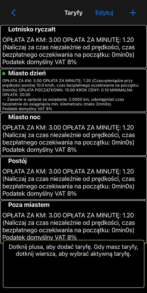 Lista taryf, każdy wiersz streszcza całą taryfę, aktywna jest oznaczona