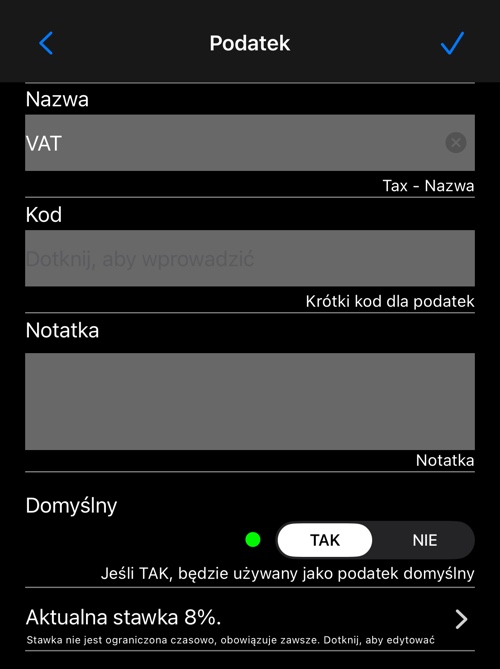 Edytor podatku: nazwa, kod, notatka, przełącznik domyślności i bieżąca stawka