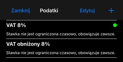 Lista podatków ze stawkami, domyślny oznaczony zieloną kropką