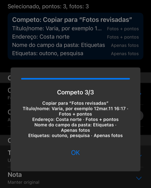 Painel de progresso com 3/3 concluídos após a cópia dos pontos e fotos selecionados