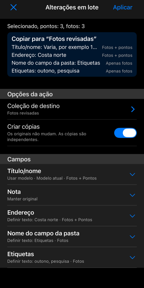 Cópia revisada na coleção de destino, com endereço e etiquetas das fotos no resumo das alterações