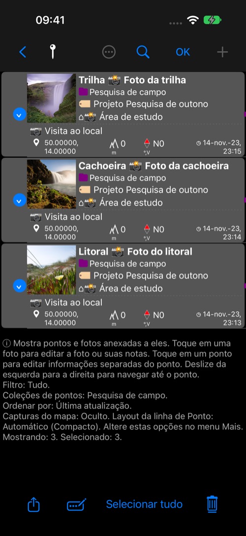 Três pontos com fotos selecionados na lista; uma seta indica Alterar seleção na barra inferior