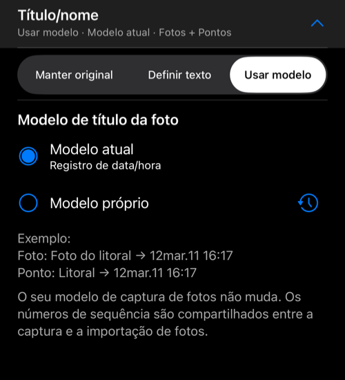 Título/nome expandido com Usar modelo, modelos atual e próprio e uma amostra de título