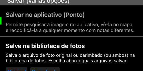 Os destinos de salvamento; as cópias que saem do app têm cada uma a sua escolha entre Original e carimbada