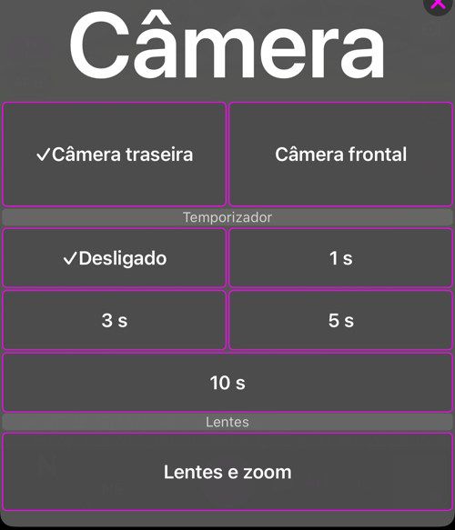 O menu da câmera: a seção «Câmera» com «Câmera traseira» e «Câmera frontal», a seção «Temporizador» com «Desligado», 1 s, 3 s, 5 s e 10 s, e a seção «Lentes» com «Lentes e zoom»