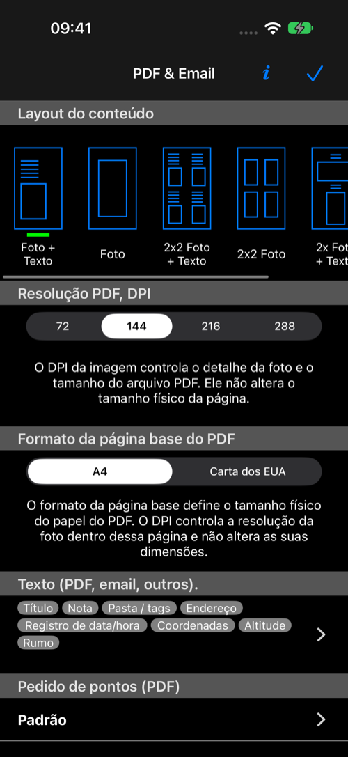 Definições de PDF e E-mail com layouts, DPI, papel, campos de texto e ordem dos pontos