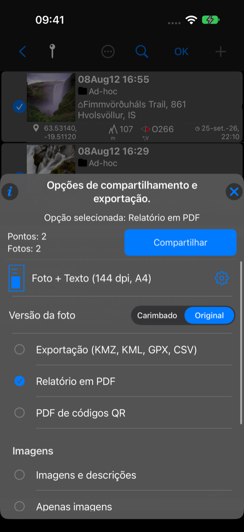 Opção de relatório PDF com prévia do layout, papel, DPI e botão de ajustes