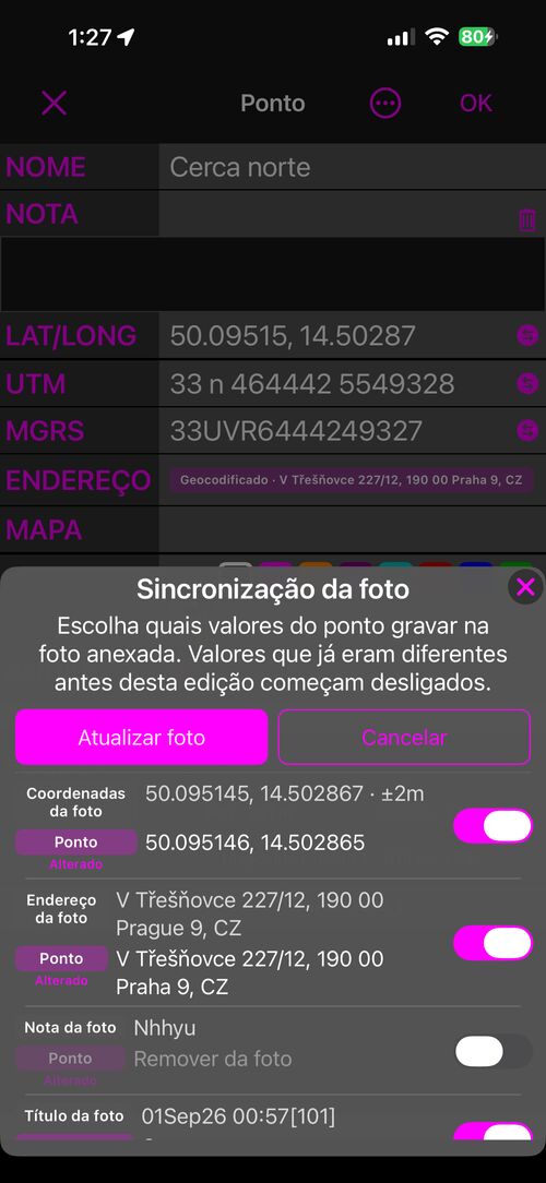 A folha no modo atualizar tudo, com uma linha cujo valor do ponto diz Remover da foto e cujo interruptor está desligado
