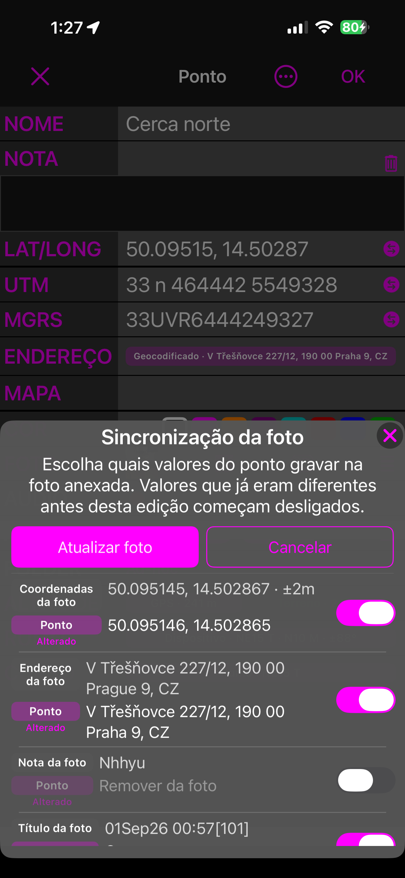 A folha no modo atualizar tudo, com uma linha cujo valor do ponto diz Remover da foto e cujo interruptor está desligado