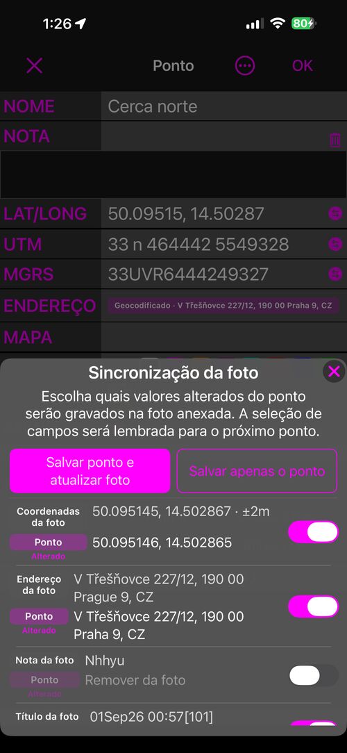 A folha Sincronização da foto ao salvar: Salvar ponto e atualizar foto, Salvar apenas o ponto, e uma linha por campo com o valor da foto acima do valor do ponto, cada uma com um interruptor