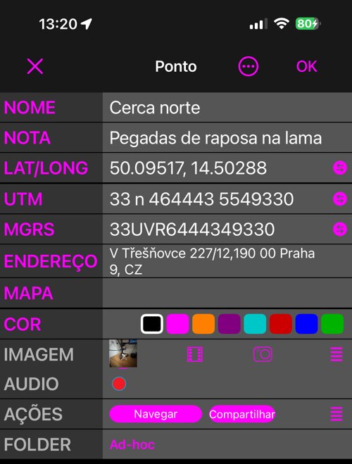 O editor de pontos na vista Simples: NOME, NOTA, LAT/LONG, UTM, MGRS, ENDEREÇO, MAPA, COR, IMAGEM, AUDIO, AÇÕES e FOLDER, uma linha cada