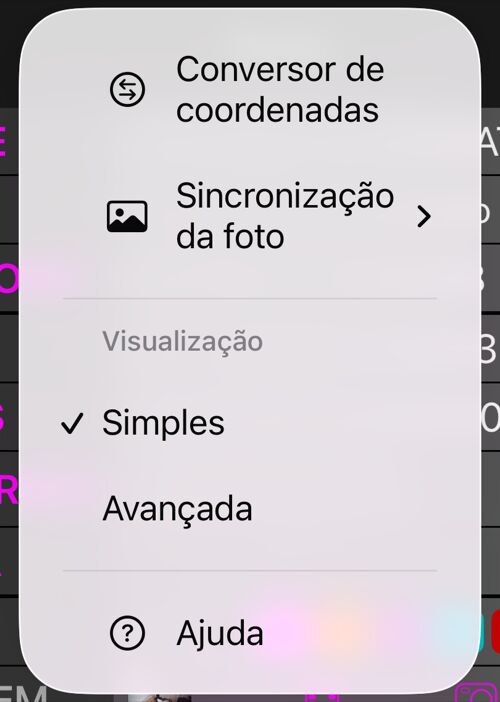 O menu Mais do editor de pontos: Conversor de coordenadas, Sincronização da foto, a seção Vista com Simples marcada e Avançada abaixo, e Ajuda