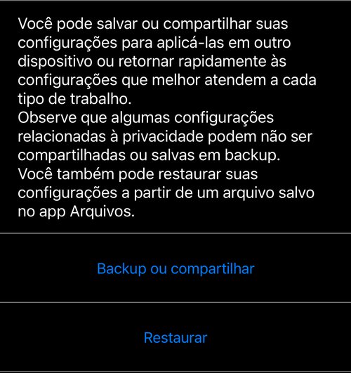 Gerenciar configurações do aplicativo: a explicação, com «Backup ou compartilhar» e «Restaurar» abaixo
