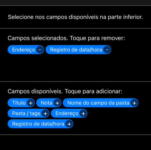 Editor atual de linha com campos selecionados e disponíveis