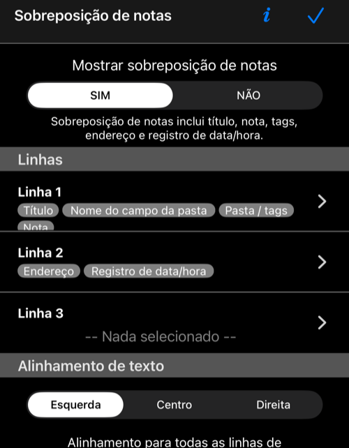 Definições atuais da sobreposição de notas com a marca na linha 2