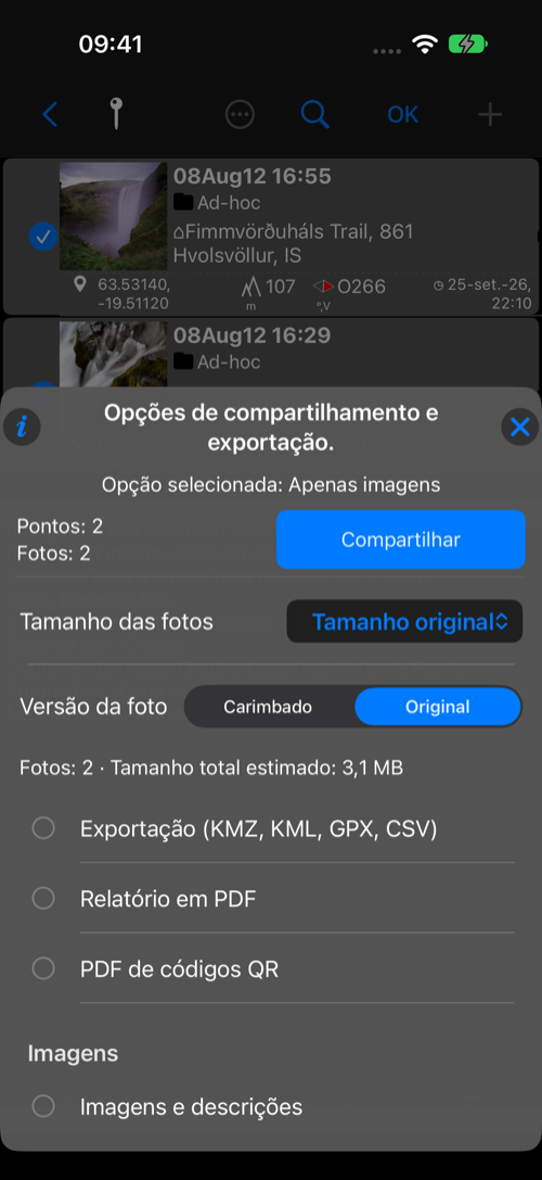 Dois pontos com fotos selecionados e tamanho estimado