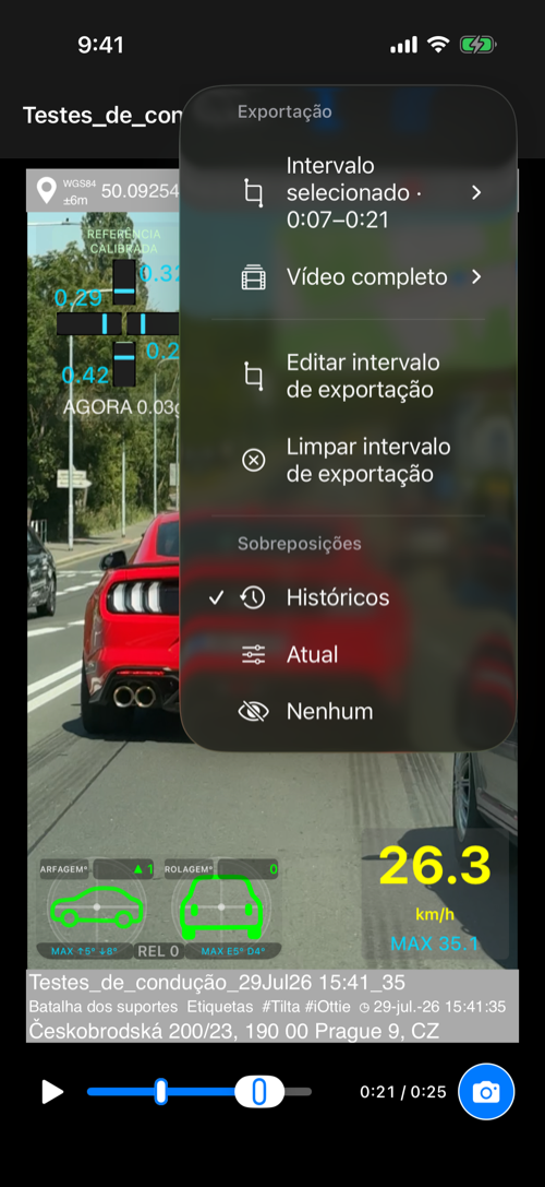 Menu de exportação com intervalo selecionado, vídeo completo e marcadores A–B