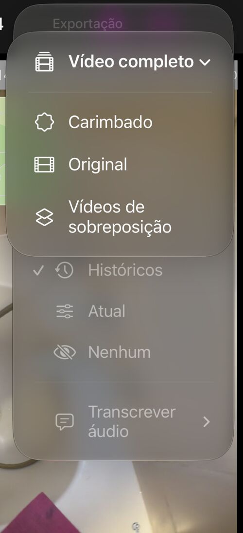 O menu “Vídeo completo” de uma gravação salva, com “Carimbado”, “Original” e “Vídeos de sobreposição”
