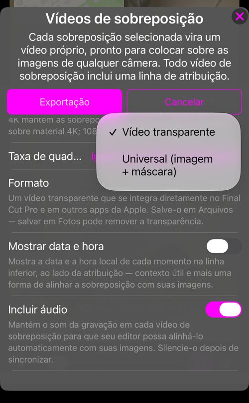 A escolha de formato: “Vídeo transparente” ou “Universal (imagem + máscara)”