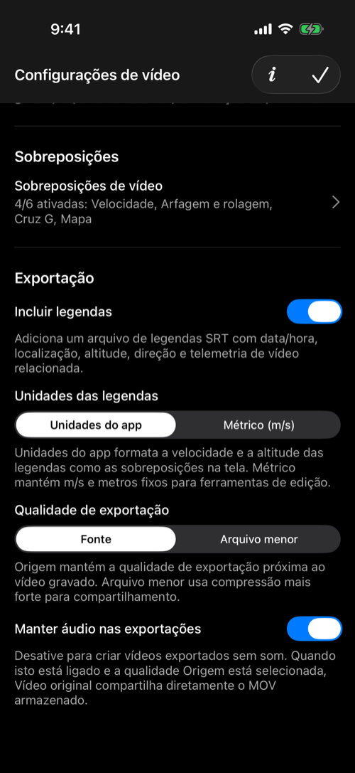 Sobreposições de vídeo e configurações de exportação de legendas, qualidade e áudio