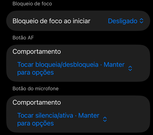 Configurações de Controles do visor: as seções Bloqueio de foco ao iniciar, Botão AF e Botão do microfone